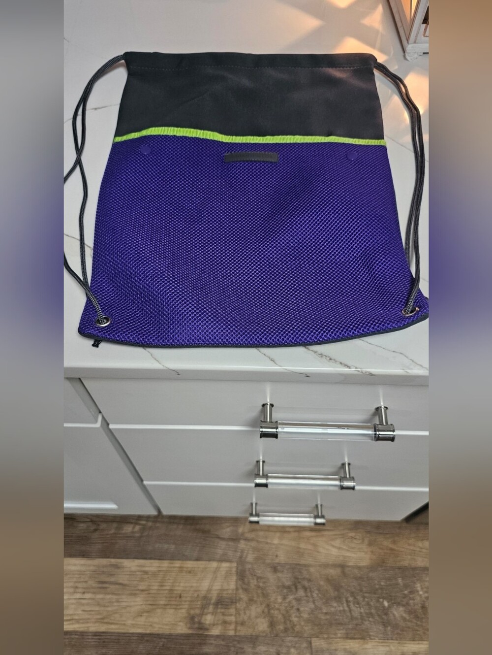 Rodan + Fields Black and Purple Drawstring Backpack with Lime Trim